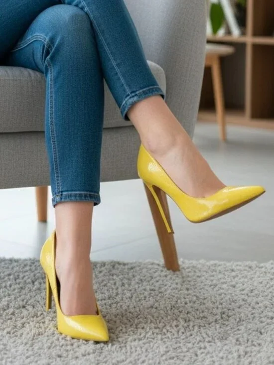 Yellow High Heel Pumps With Faux Snakeskin Texture & Pointed Toe Design - Picture 1 of 16